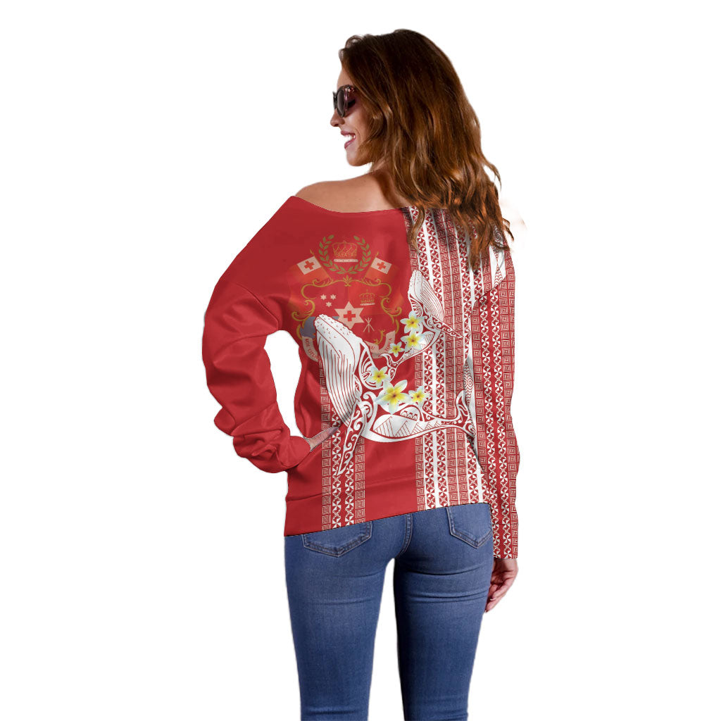 Swimming With Humpback Whales Season Tonga Off Shoulder Sweater Tongan Tofuaa Ngatu Pattern Red