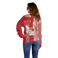 Swimming With Humpback Whales Season Tonga Off Shoulder Sweater Tongan Tofuaa Ngatu Pattern Red