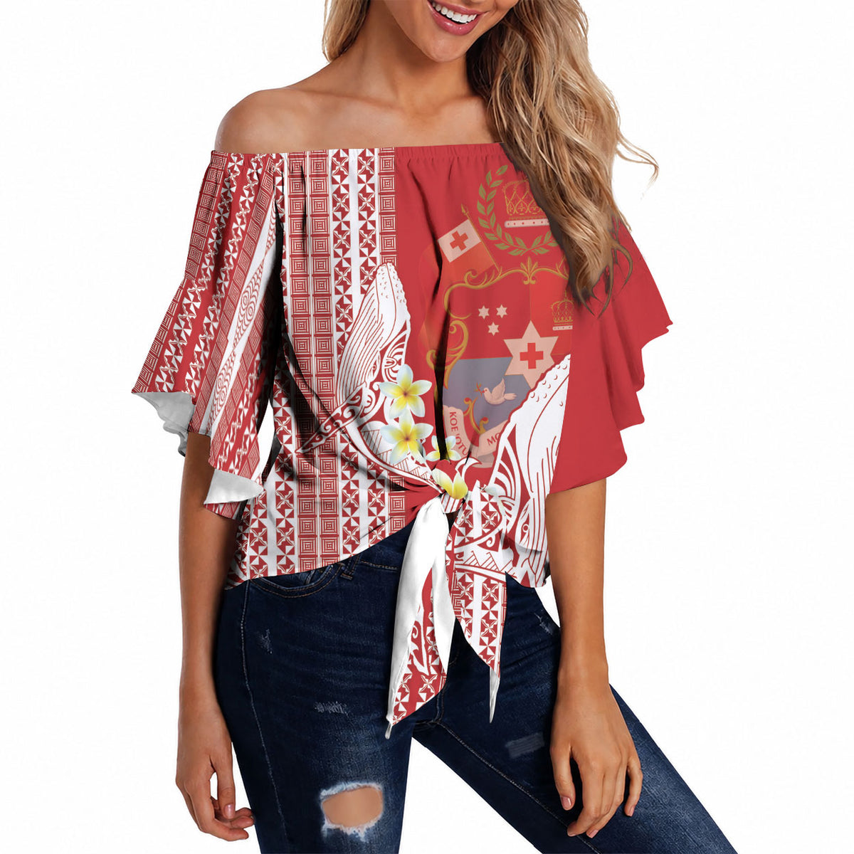 Swimming With Humpback Whales Season Tonga Off Shoulder Wrap Waist Top Tongan Tofuaa Ngatu Pattern Red