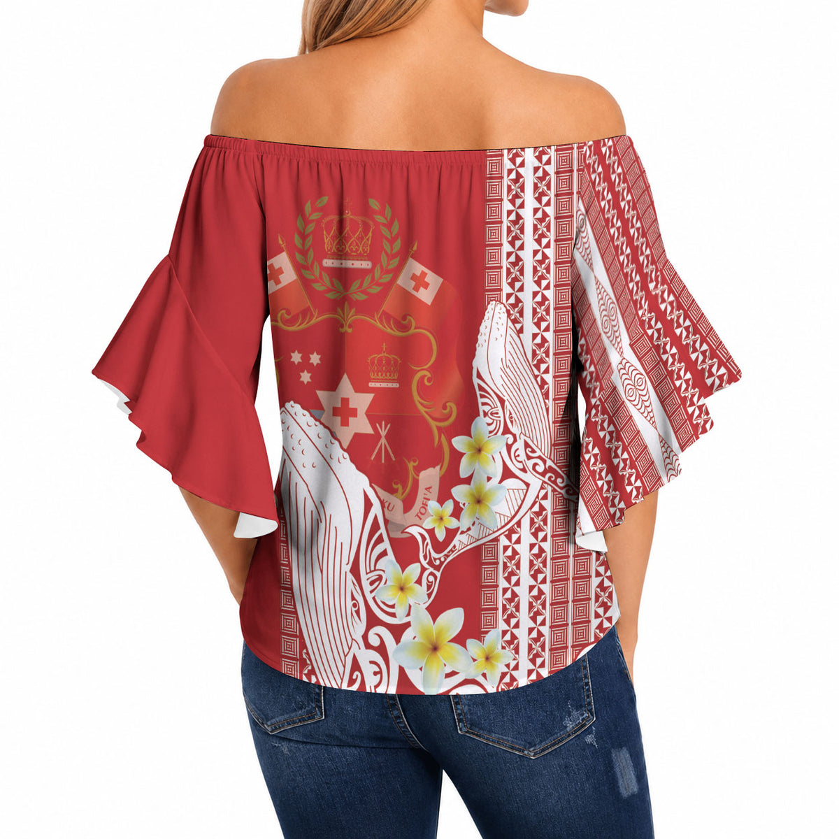 Swimming With Humpback Whales Season Tonga Off Shoulder Wrap Waist Top Tongan Tofuaa Ngatu Pattern Red