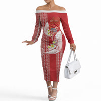 Swimming With Humpback Whales Season Tonga Off The Shoulder Long Sleeve Dress Tongan Tofuaa Ngatu Pattern Red