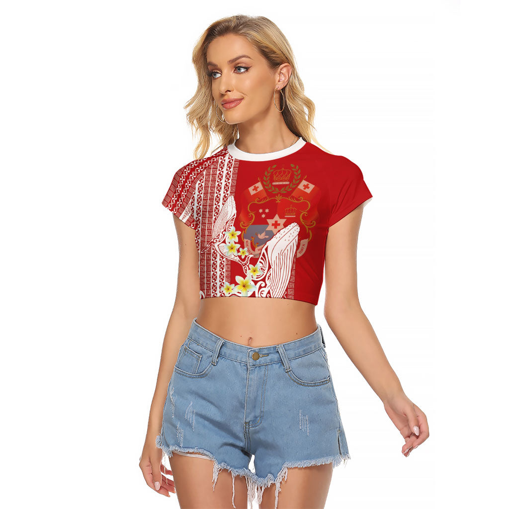 Swimming With Humpback Whales Season Tonga Raglan Cropped T Shirt Tongan Tofuaa Ngatu Pattern Red