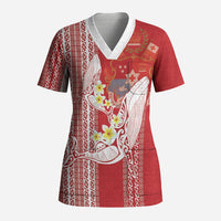 Swimming With Humpback Whales Season Tonga Scrub Top Tongan Tofuaa Ngatu Pattern Red