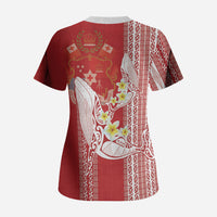 Swimming With Humpback Whales Season Tonga Scrub Top Tongan Tofuaa Ngatu Pattern Red