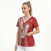 Swimming With Humpback Whales Season Tonga Scrub Top Tongan Tofuaa Ngatu Pattern Red