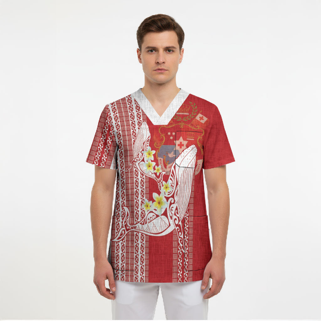 Swimming With Humpback Whales Season Tonga Scrub Top Tongan Tofuaa Ngatu Pattern Red