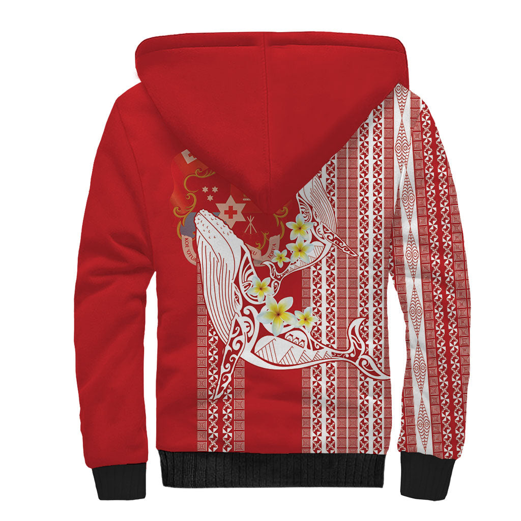 Swimming With Humpback Whales Season Tonga Sherpa Hoodie Tongan Tofuaa Ngatu Pattern Red