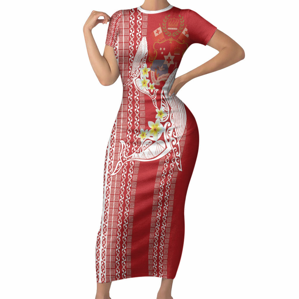 Swimming With Humpback Whales Season Tonga Short Sleeve Bodycon Dress Tongan Tofuaa Ngatu Pattern Red