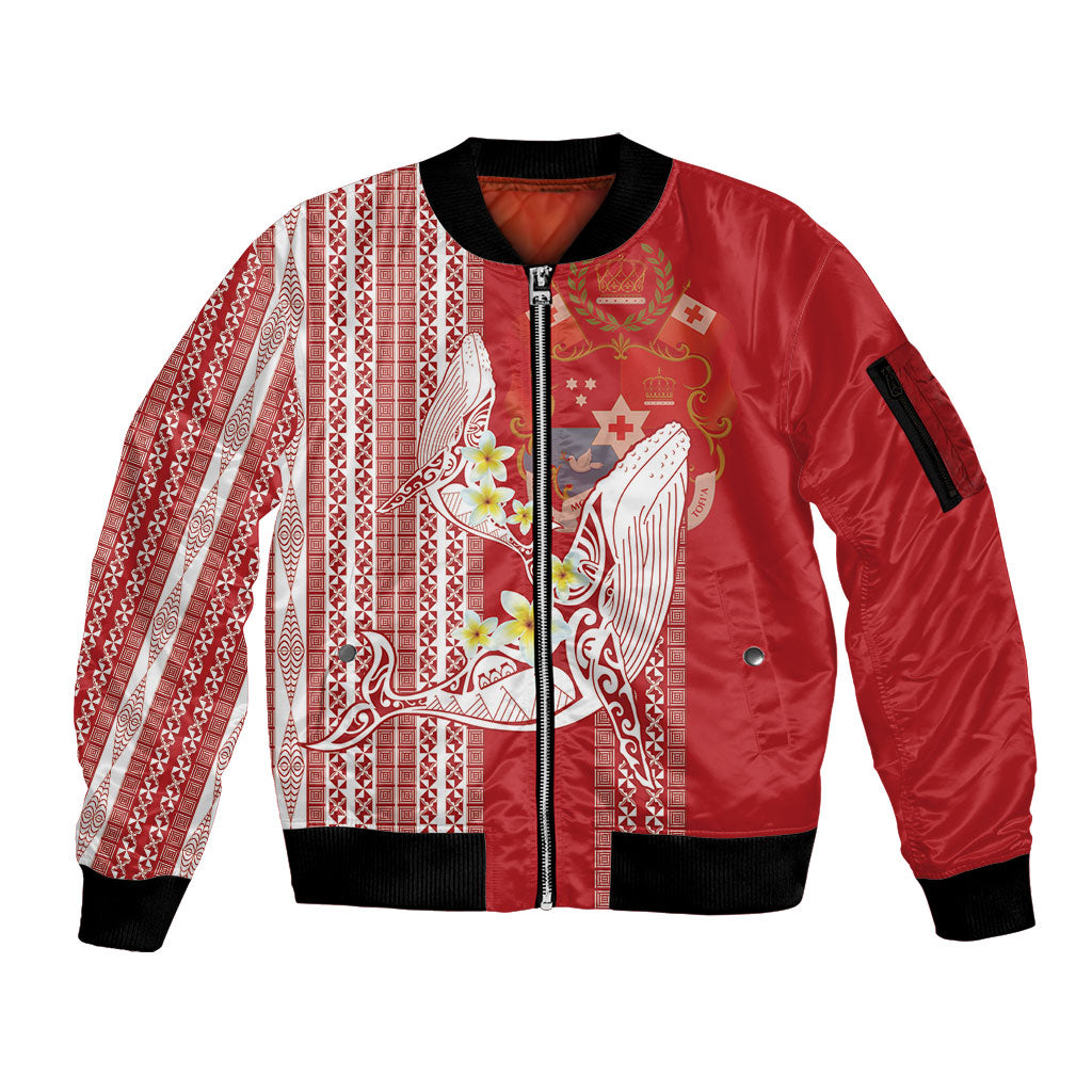 Swimming With Humpback Whales Season Tonga Sleeve Zip Bomber Jacket Tongan Tofuaa Ngatu Pattern Red