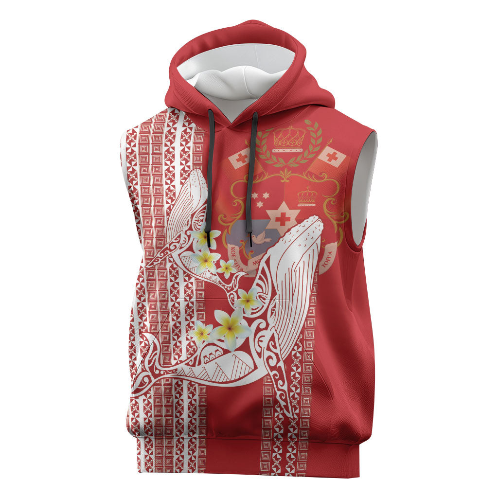 Swimming With Humpback Whales Season Tonga Sleeveless Hoodie Tongan Tofuaa Ngatu Pattern Red