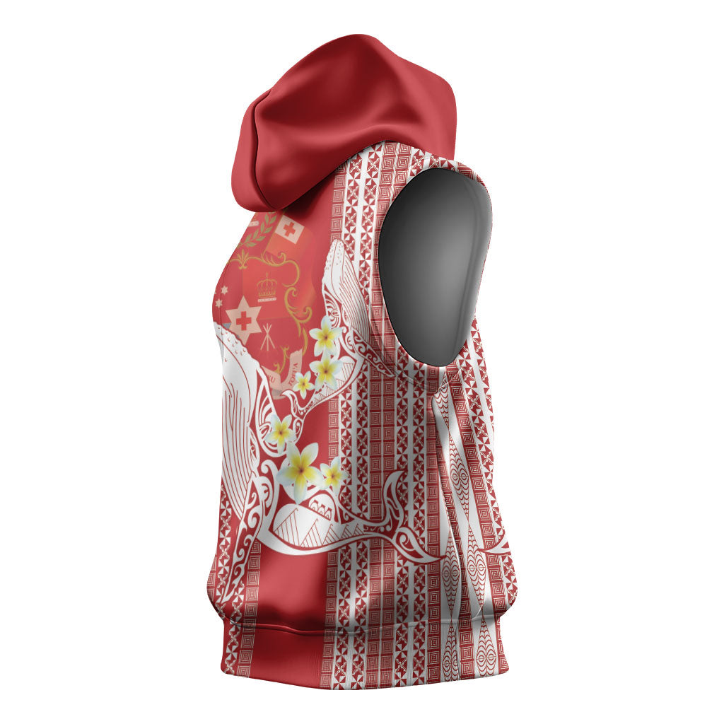 Swimming With Humpback Whales Season Tonga Sleeveless Hoodie Tongan Tofuaa Ngatu Pattern Red