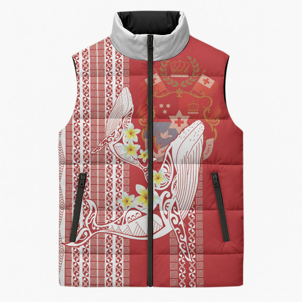 Swimming With Humpback Whales Season Tonga Sleeveless Puffer Jacket Tongan Tofuaa Ngatu Pattern Red