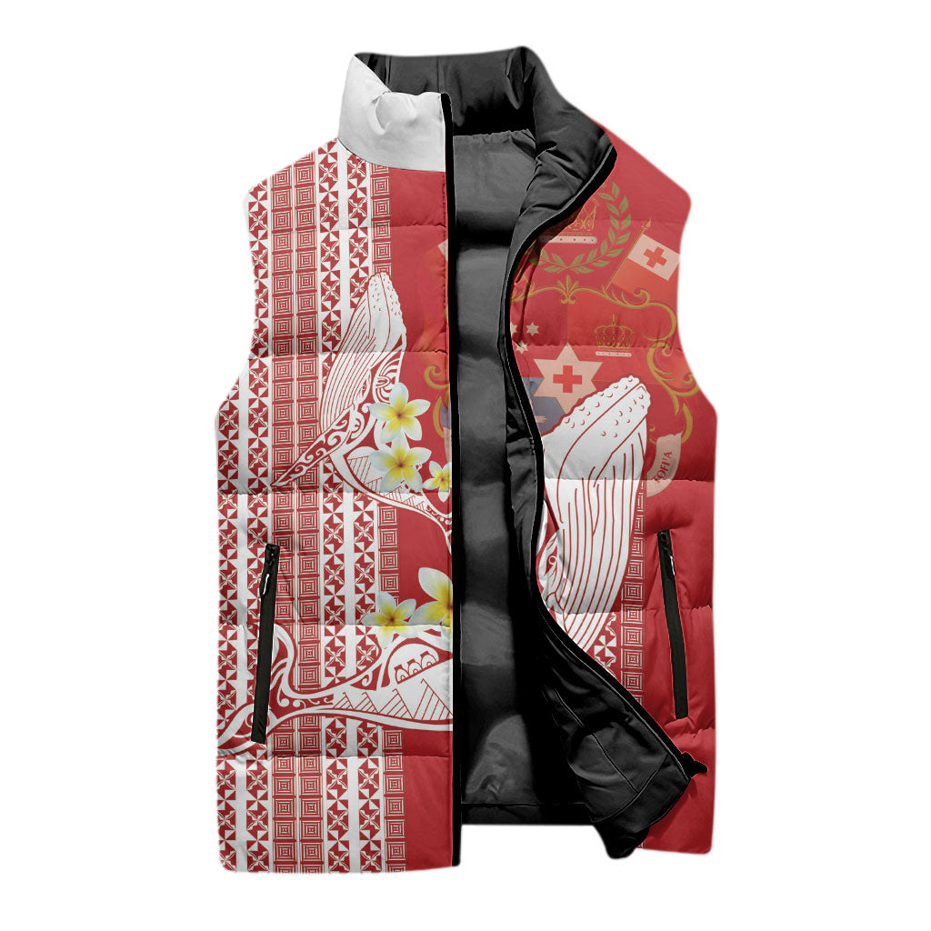Swimming With Humpback Whales Season Tonga Sleeveless Puffer Jacket Tongan Tofuaa Ngatu Pattern Red