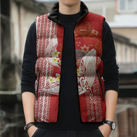 Swimming With Humpback Whales Season Tonga Sleeveless Puffer Jacket Tongan Tofuaa Ngatu Pattern Red
