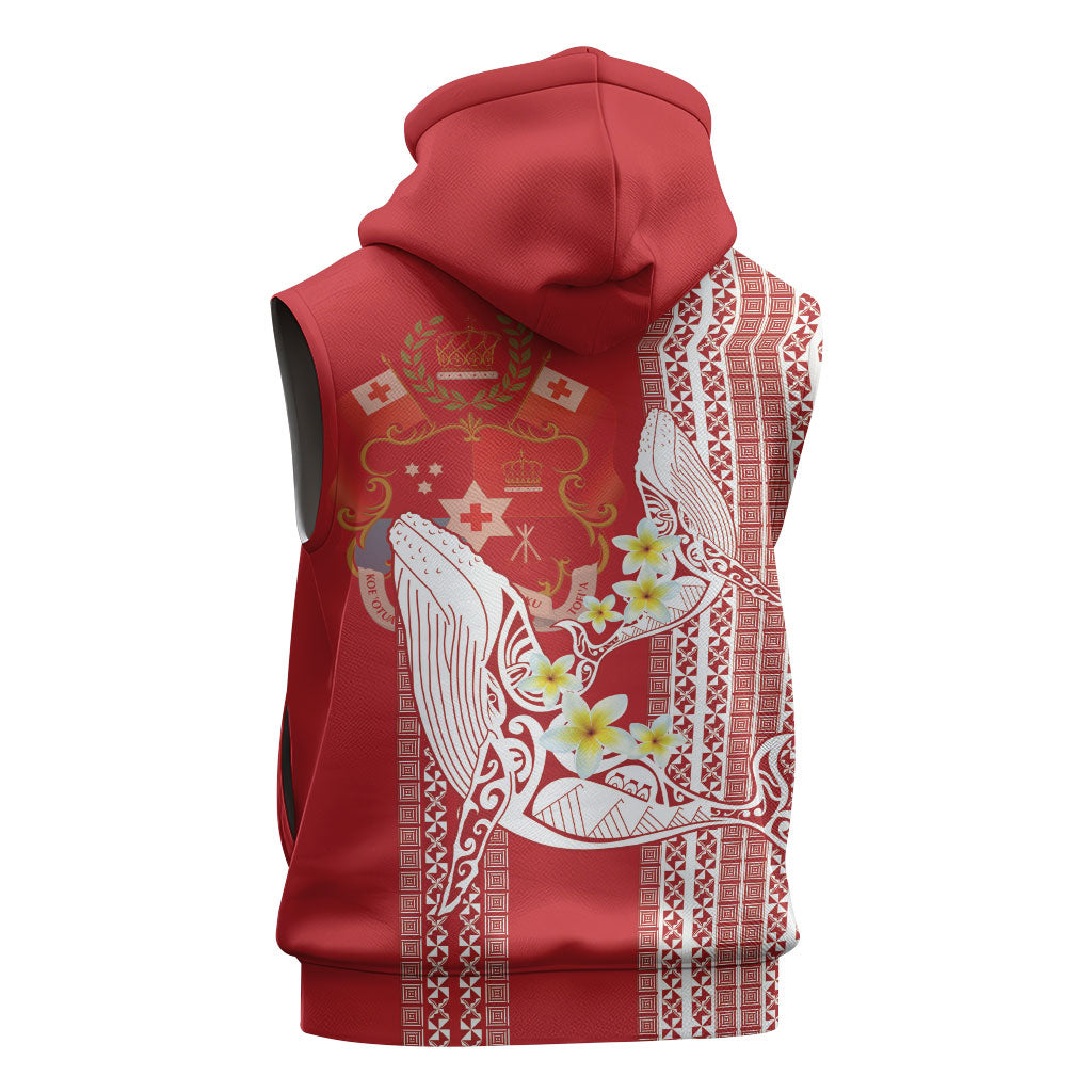 Swimming With Humpback Whales Season Tonga Sleeveless Zip Hoodie Tongan Tofuaa Ngatu Pattern Red
