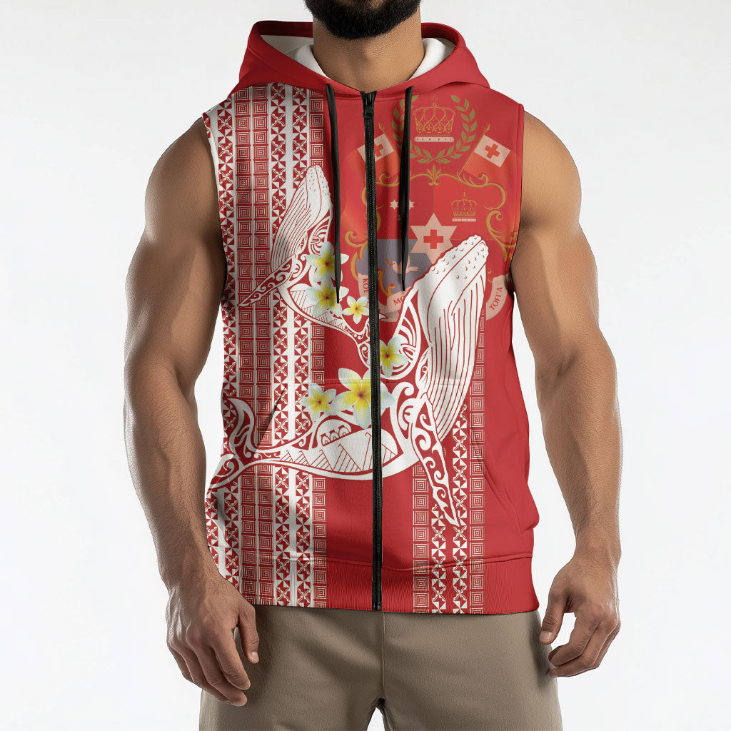 Swimming With Humpback Whales Season Tonga Sleeveless Zip Hoodie Tongan Tofuaa Ngatu Pattern Red