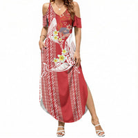 Swimming With Humpback Whales Season Tonga Summer Maxi Dress Tongan Tofuaa Ngatu Pattern Red