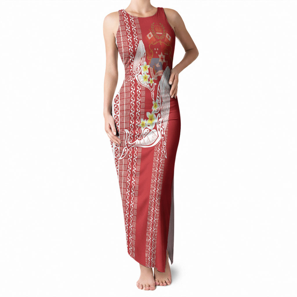 Swimming With Humpback Whales Season Tonga Tank Maxi Dress Tongan Tofuaa Ngatu Pattern Red