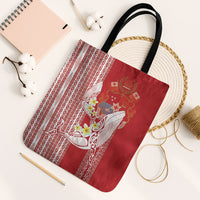 Swimming With Humpback Whales Season Tonga Tote Bag Tongan Tofuaa Ngatu Pattern Red