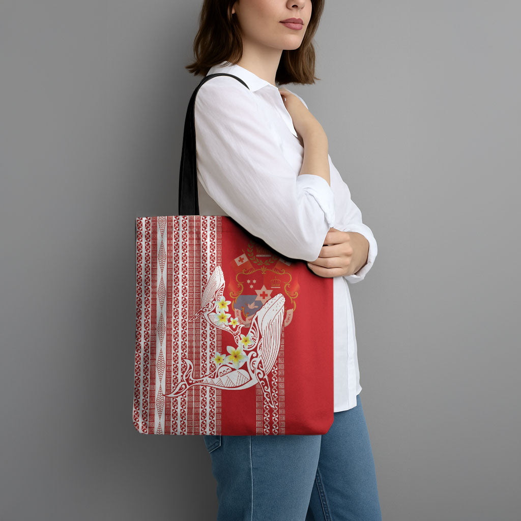Swimming With Humpback Whales Season Tonga Tote Bag Tongan Tofuaa Ngatu Pattern Red