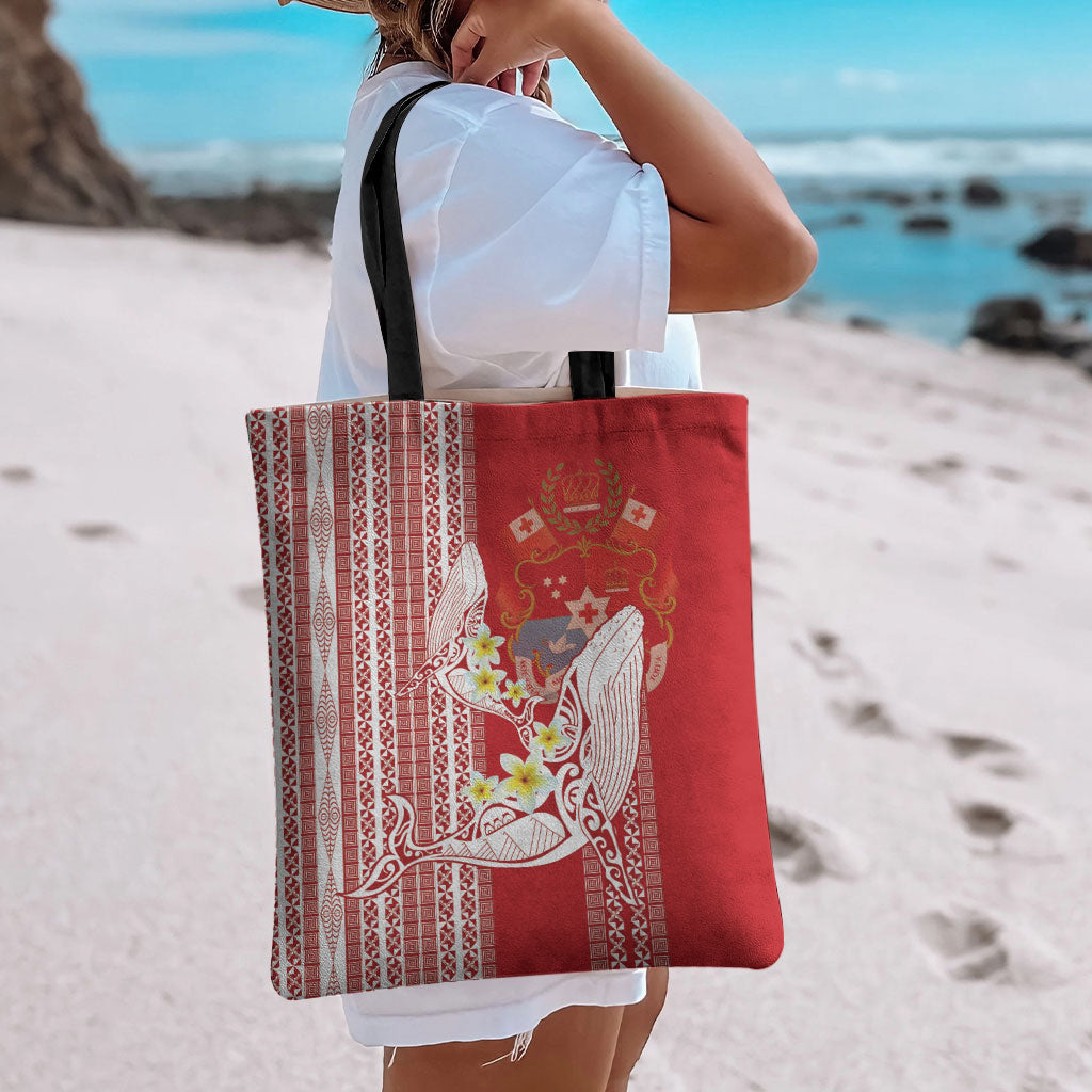 Swimming With Humpback Whales Season Tonga Tote Bag Tongan Tofuaa Ngatu Pattern Red