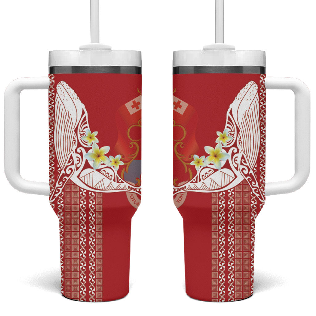 Swimming With Humpback Whales Season Tonga Tumbler With Handle Tongan Tofuaa Ngatu Pattern Red