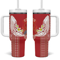 Swimming With Humpback Whales Season Tonga Tumbler With Handle Tongan Tofuaa Ngatu Pattern Red