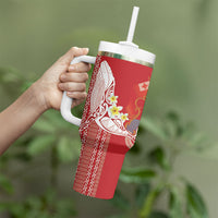 Swimming With Humpback Whales Season Tonga Tumbler With Handle Tongan Tofuaa Ngatu Pattern Red