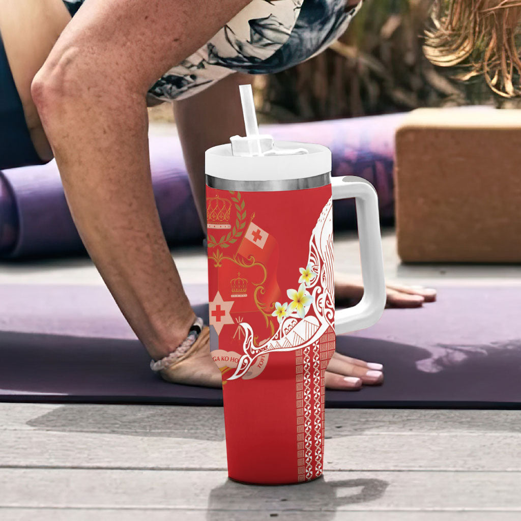 Swimming With Humpback Whales Season Tonga Tumbler With Handle Tongan Tofuaa Ngatu Pattern Red