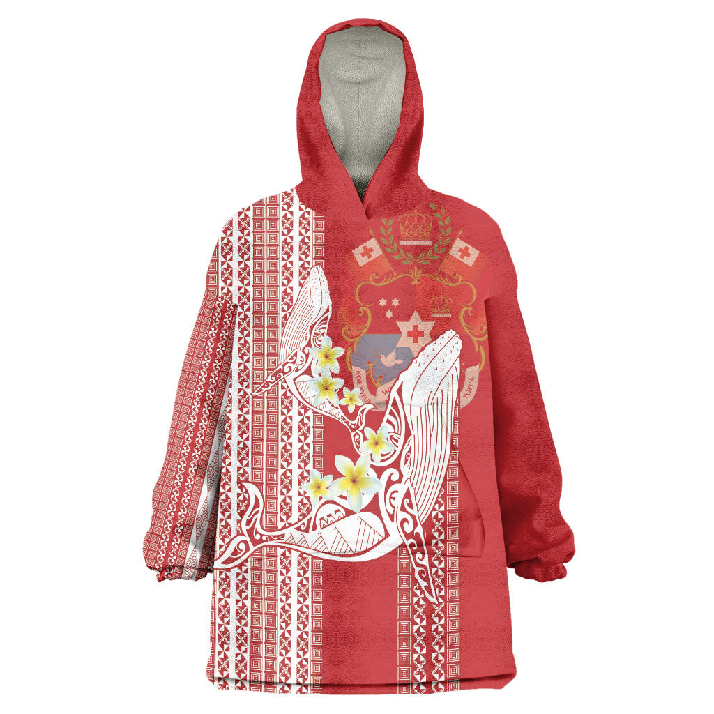 Swimming With Humpback Whales Season Tonga Wearable Blanket Hoodie Tongan Tofuaa Ngatu Pattern Red
