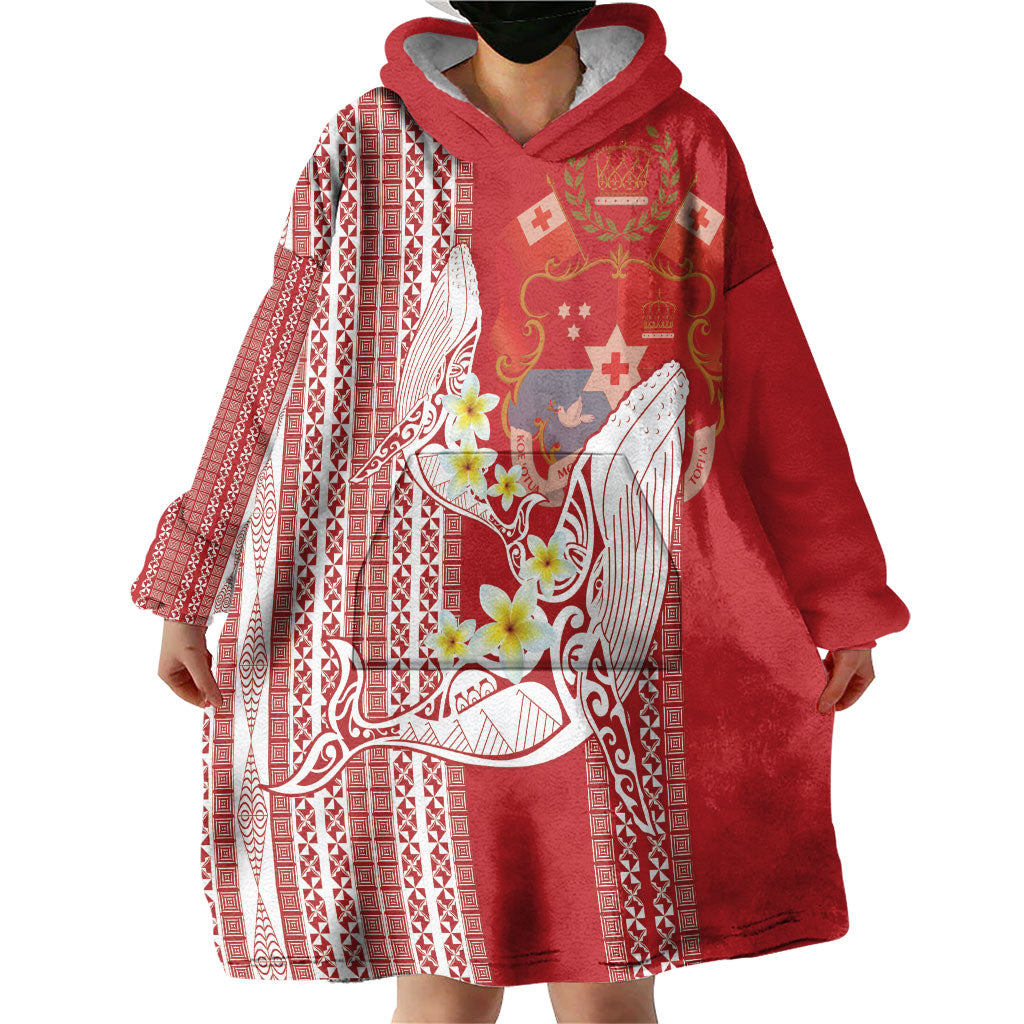 Swimming With Humpback Whales Season Tonga Wearable Blanket Hoodie Tongan Tofuaa Ngatu Pattern Red