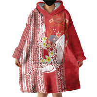Swimming With Humpback Whales Season Tonga Wearable Blanket Hoodie Tongan Tofuaa Ngatu Pattern Red