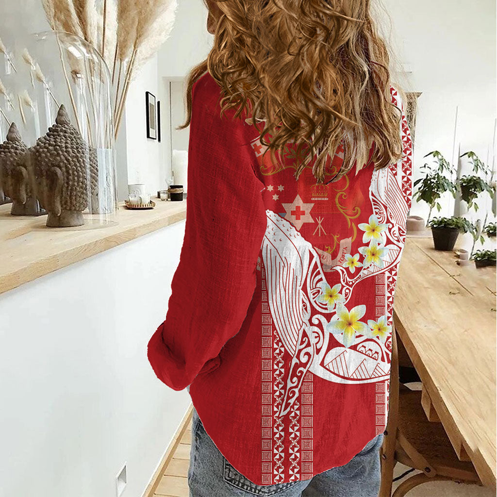 Swimming With Humpback Whales Season Tonga Women Casual Shirt Tongan Tofuaa Ngatu Pattern Red