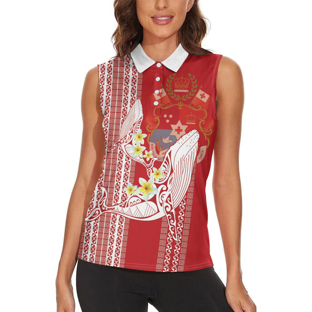 Swimming With Humpback Whales Season Tonga Women Sleeveless Polo Shirt Tongan Tofuaa Ngatu Pattern Red