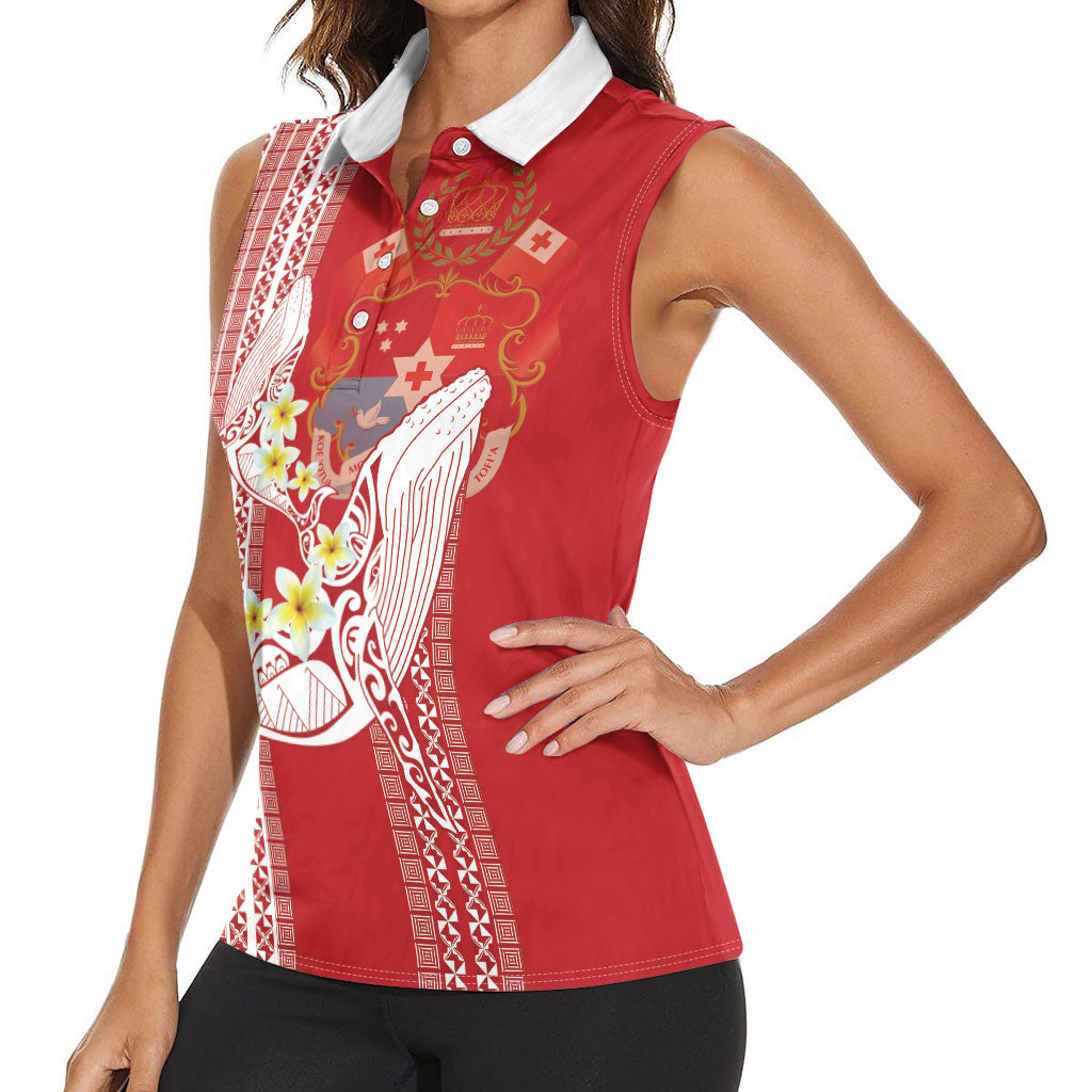 Swimming With Humpback Whales Season Tonga Women Sleeveless Polo Shirt Tongan Tofuaa Ngatu Pattern Red