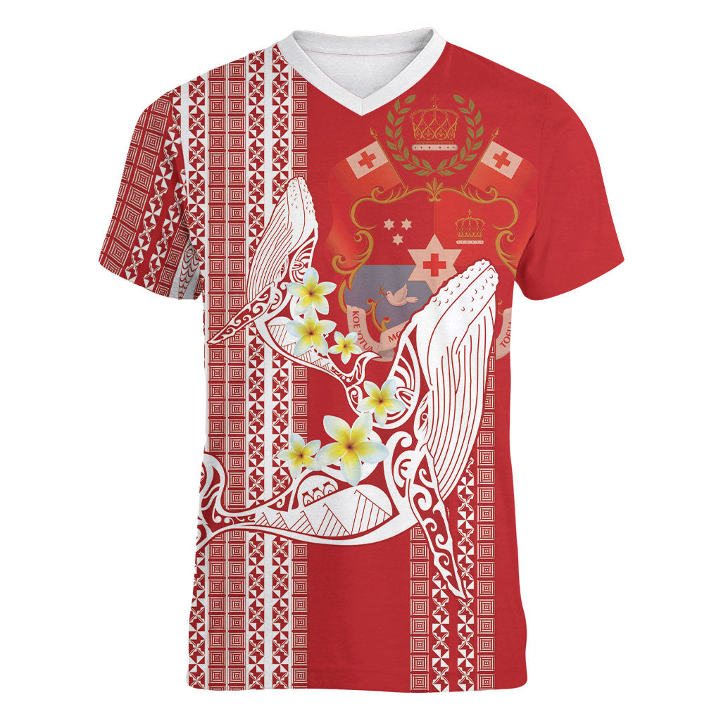 Swimming With Humpback Whales Season Tonga Women V-Neck T-Shirt Tongan Tofuaa Ngatu Pattern Red
