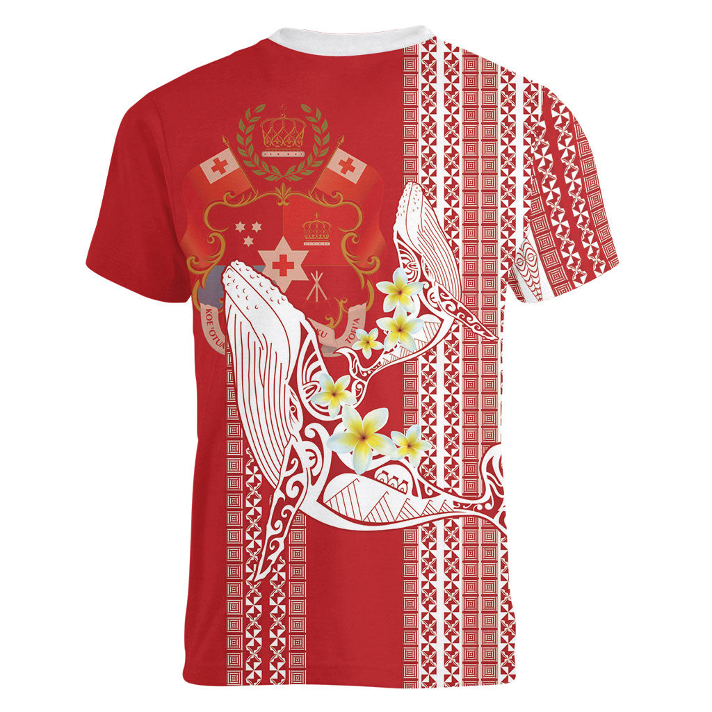 Swimming With Humpback Whales Season Tonga Women V-Neck T-Shirt Tongan Tofuaa Ngatu Pattern Red