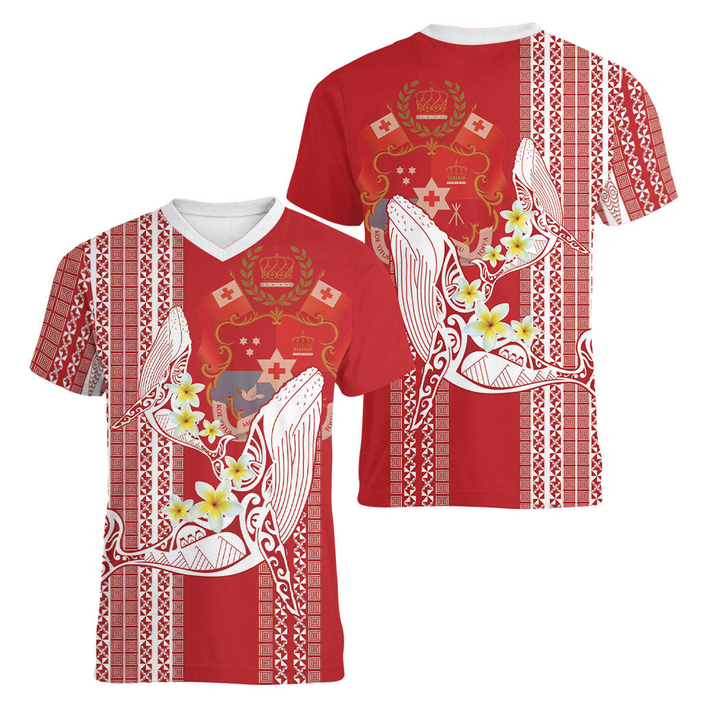 Swimming With Humpback Whales Season Tonga Women V-Neck T-Shirt Tongan Tofuaa Ngatu Pattern Red