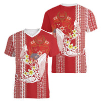 Swimming With Humpback Whales Season Tonga Women V-Neck T-Shirt Tongan Tofuaa Ngatu Pattern Red