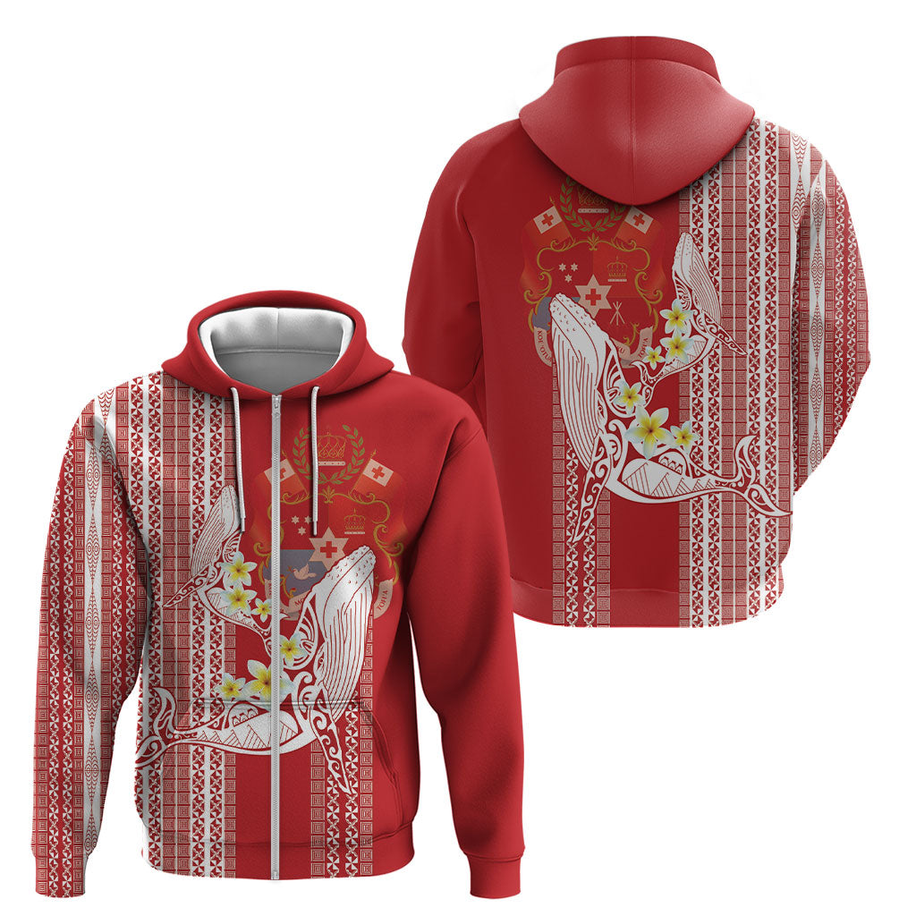 Swimming With Humpback Whales Season Tonga Zip Hoodie Tongan Tofuaa Ngatu Pattern Red