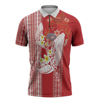 Swimming With Humpback Whales Season Tonga Zipper Polo Shirt Tongan Tofuaa Ngatu Pattern Red