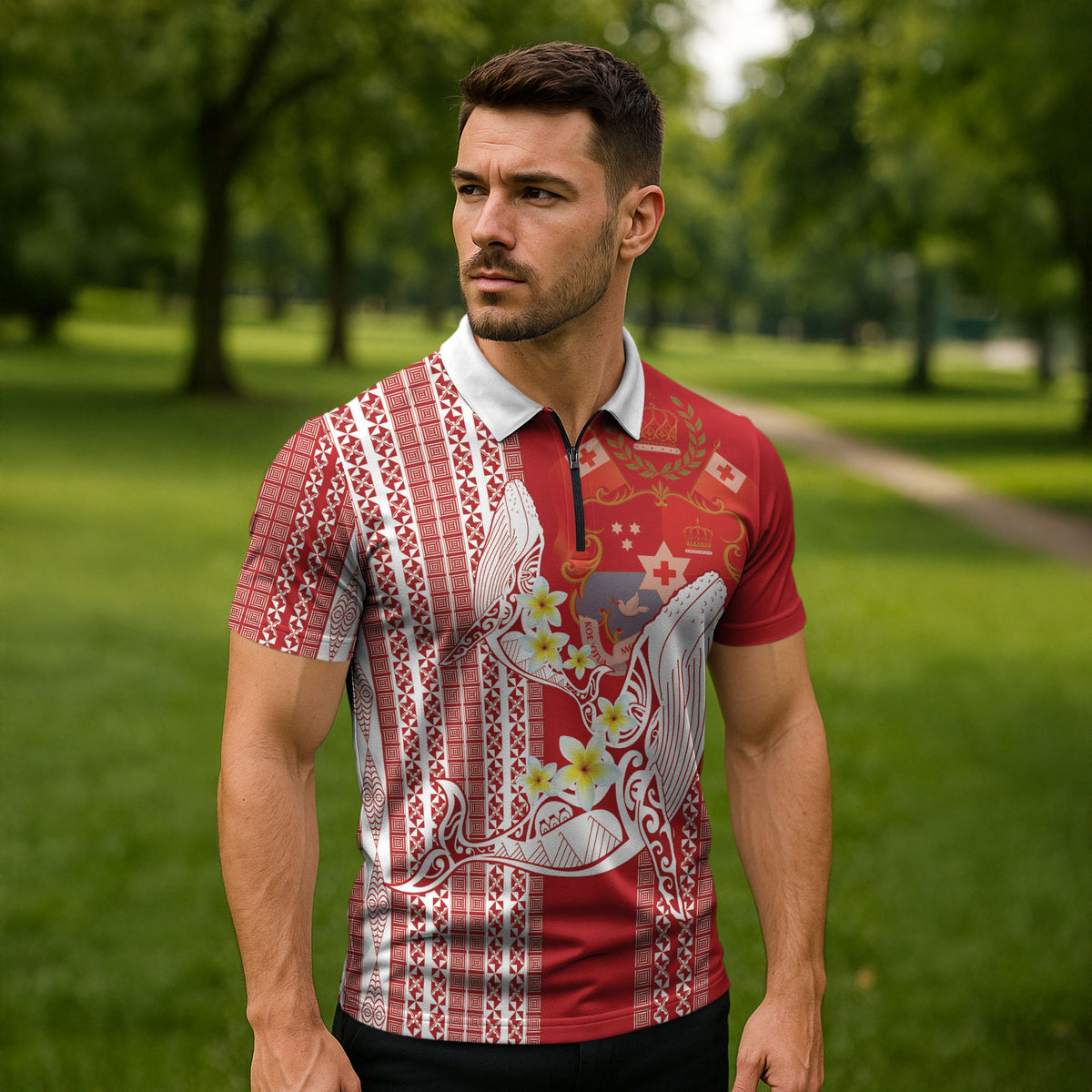 Swimming With Humpback Whales Season Tonga Zipper Polo Shirt Tongan Tofuaa Ngatu Pattern Red