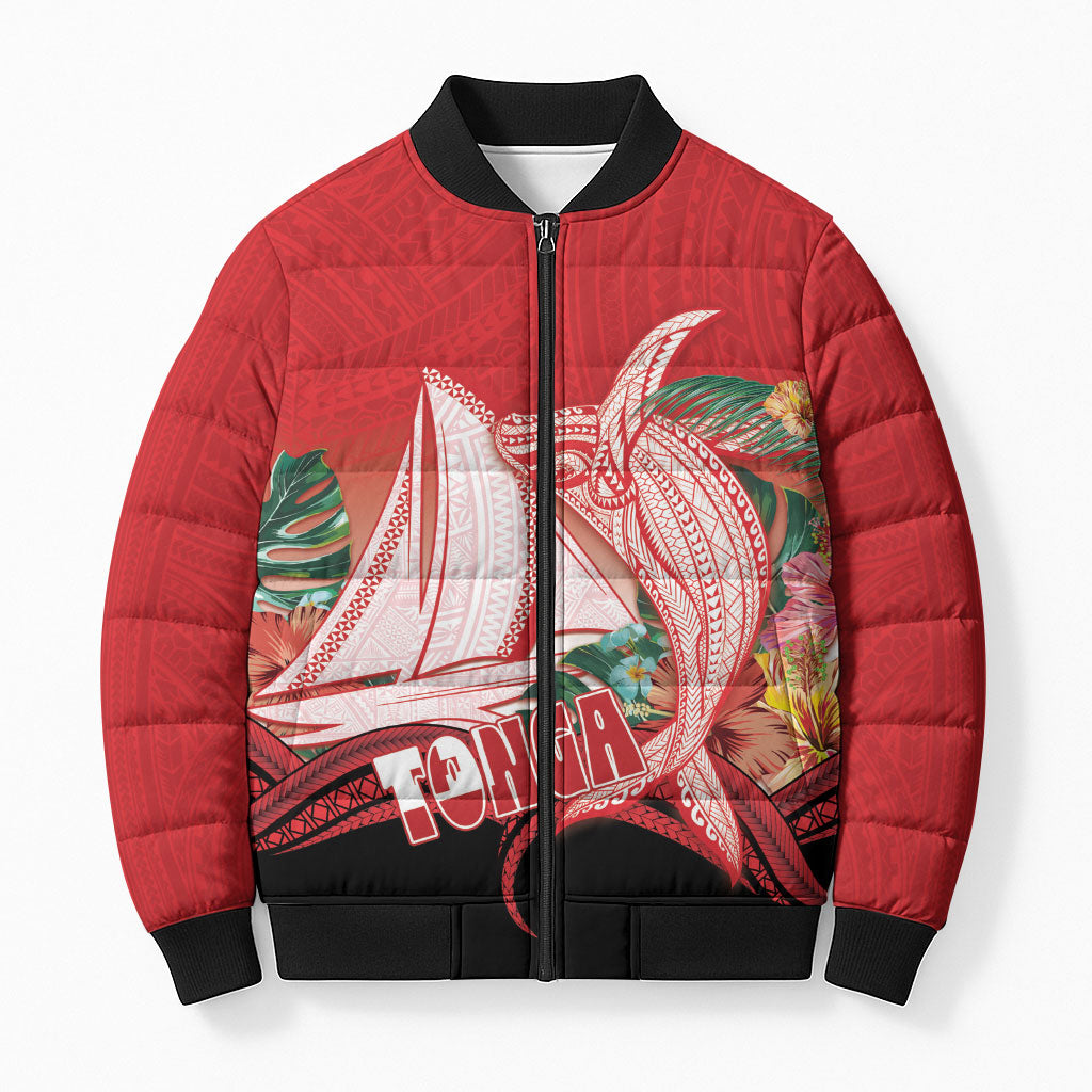 Vavau Sailing Festival Tonga Personalised Bomber Puffer Jacket Humpback Whale Sailboat Tropical Vibes