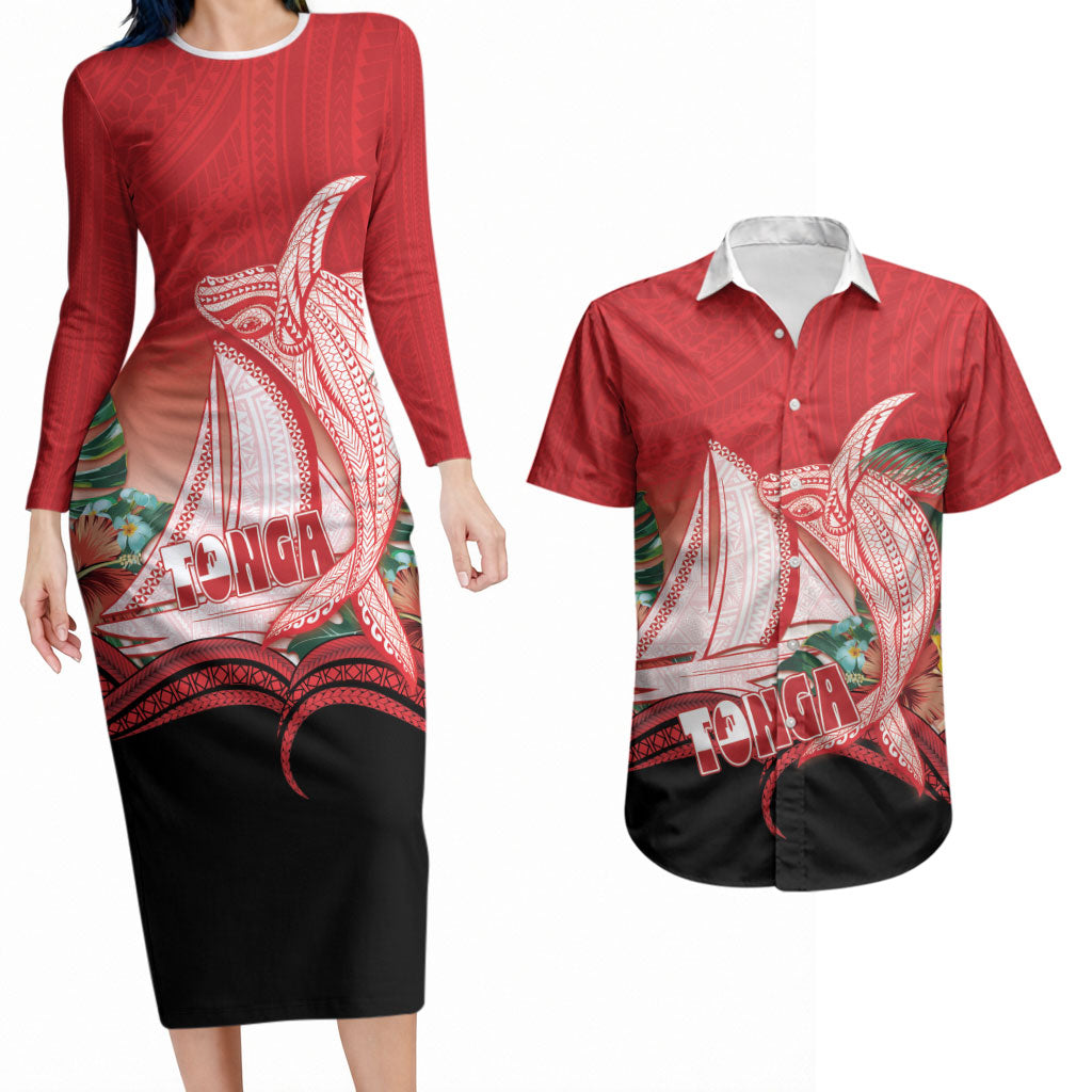 Vavau Sailing Festival Tonga Personalised Couples Matching Long Sleeve Bodycon Dress and Hawaiian Shirt Humpback Whale Sailboat Tropical Vibes