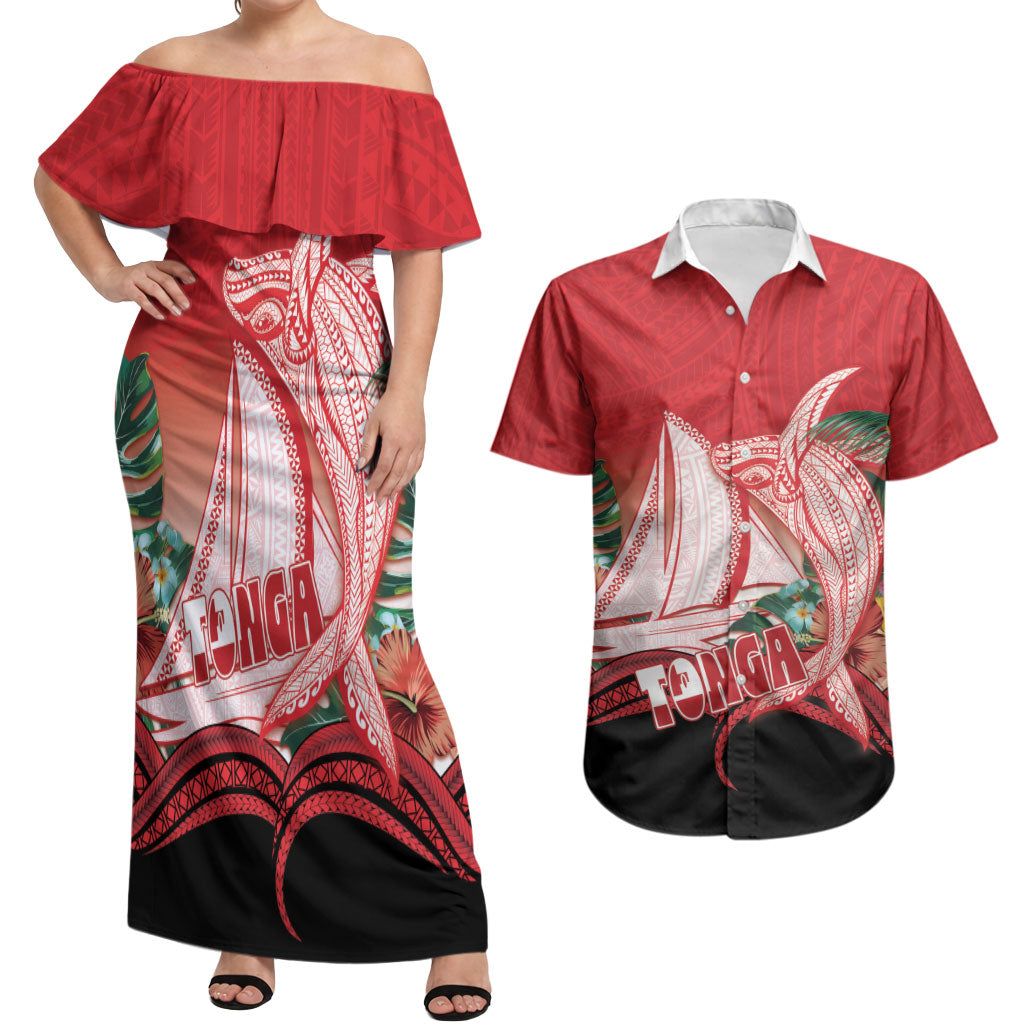 Vavau Sailing Festival Tonga Personalised Couples Matching Off Shoulder Maxi Dress and Hawaiian Shirt Humpback Whale Sailboat Tropical Vibes