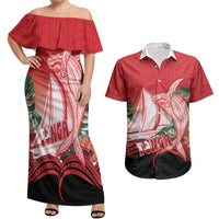Vavau Sailing Festival Tonga Personalised Couples Matching Off Shoulder Maxi Dress and Hawaiian Shirt Humpback Whale Sailboat Tropical Vibes