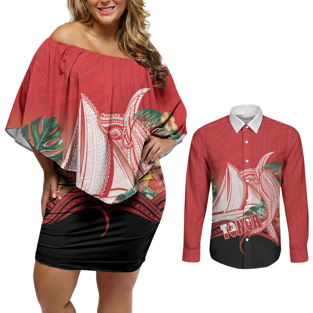 Vavau Sailing Festival Tonga Personalised Couples Matching Off Shoulder Short Dress and Long Sleeve Button Shirt Humpback Whale Sailboat Tropical Vibes
