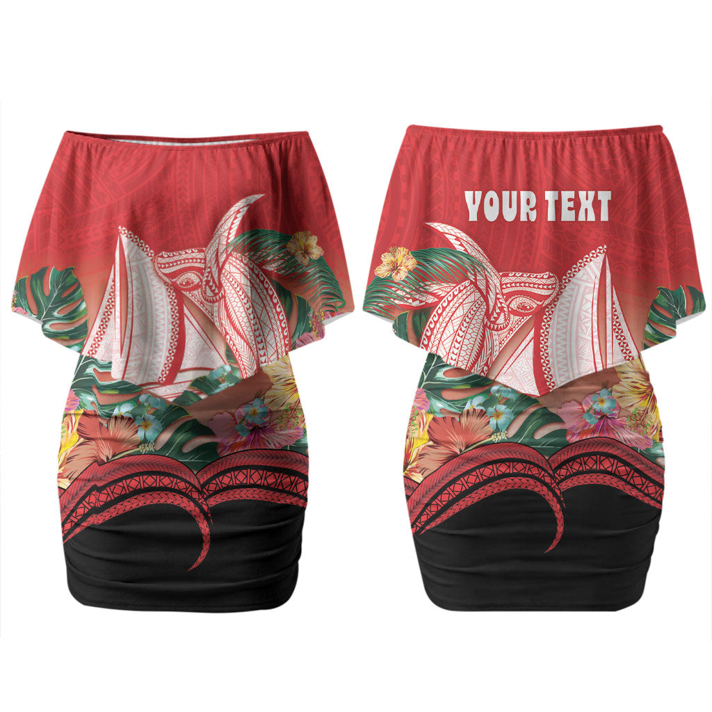 Vavau Sailing Festival Tonga Personalised Couples Matching Off Shoulder Short Dress and Long Sleeve Button Shirt Humpback Whale Sailboat Tropical Vibes