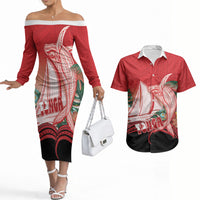 Vavau Sailing Festival Tonga Personalised Couples Matching Off The Shoulder Long Sleeve Dress and Hawaiian Shirt Humpback Whale Sailboat Tropical Vibes