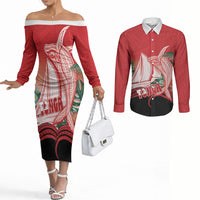 Vavau Sailing Festival Tonga Personalised Couples Matching Off The Shoulder Long Sleeve Dress and Long Sleeve Button Shirt Humpback Whale Sailboat Tropical Vibes